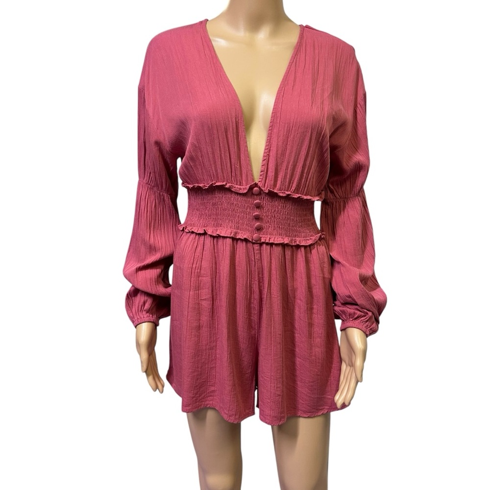 Forever 21 Plunging Ruffled Smocked Peasant Boho Long Sleeve Shorts Romper Small